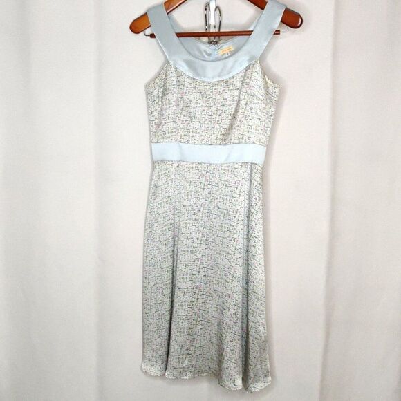 Blue Silk A-Line Dress Sz 2 Crosshatch Pattern Geometric Green Pink Blue Cream - Picture 1 of 5